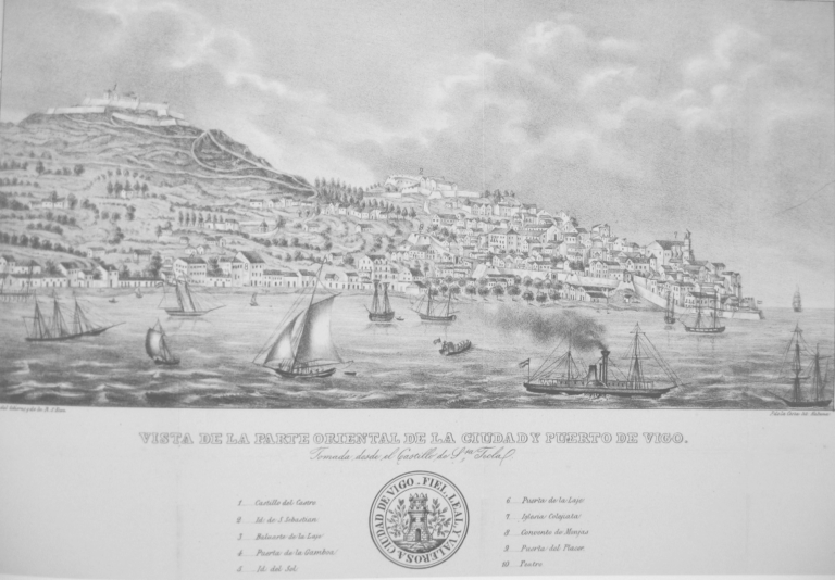 Gravado vista oriental de Vigo y puerto